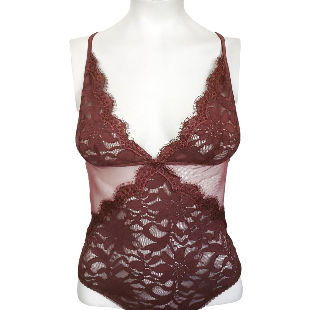 FREE PEOPLE bodysuit Speed Date open back sheer floral lace garnet royal XS NEW